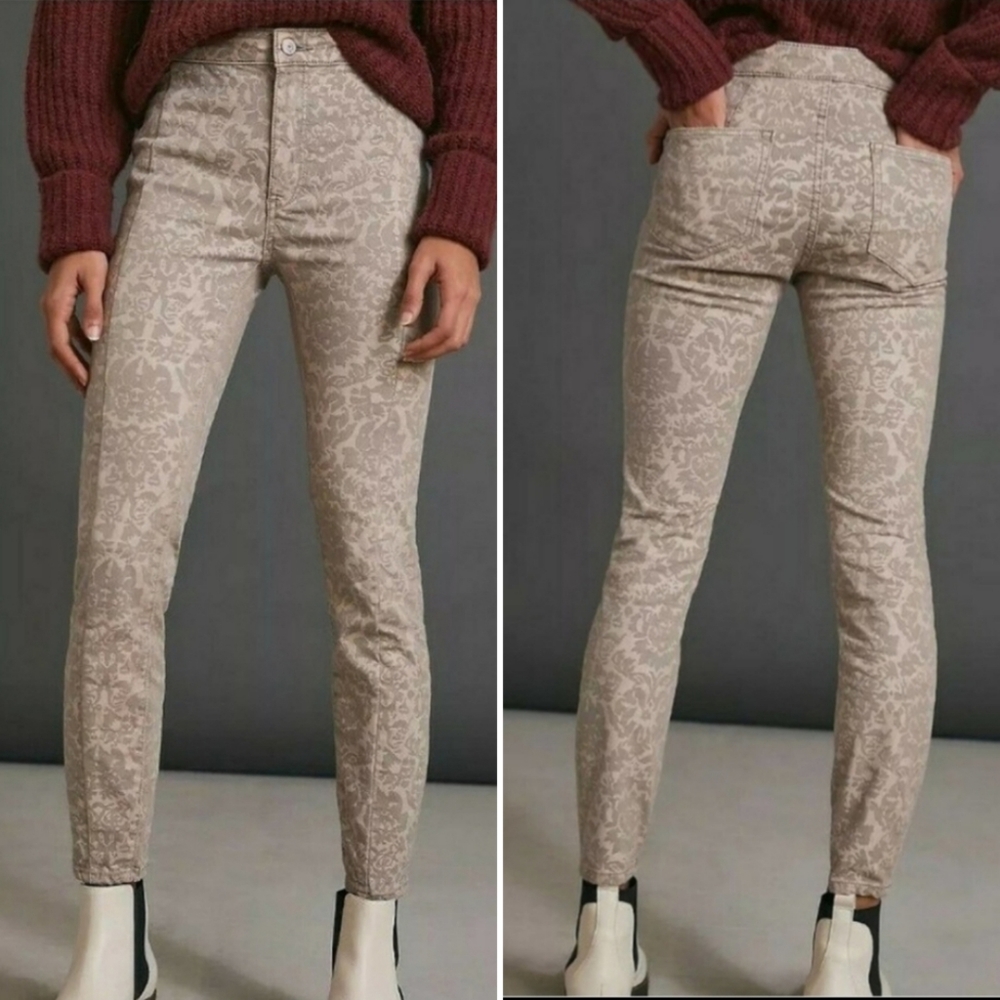 Anthro Pilcro Flocked High Rise Denim Legging Brocade Pattern Seamed Jeans 26